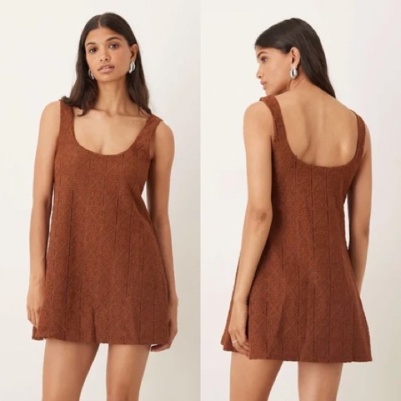 NWT ASOS DESIGN Crochet Scoop Trapeze Swing Mini Dress Chocolate Size US 10 - Picture 1 of 5